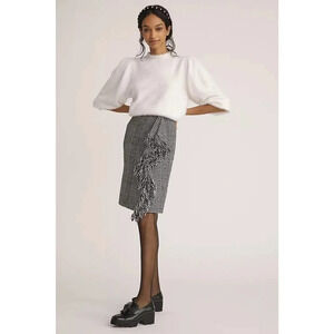 NWT Anthropologie Mare Mare Fringed Plaid Ruffled Mini Skirt Size M Black White